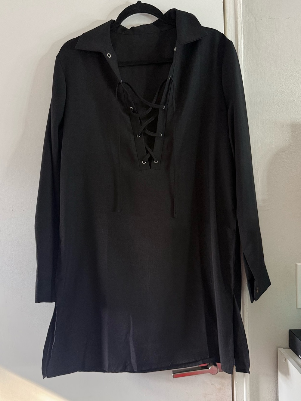 SHEIN Black Lace Up Tunic Dress Large Collared Long Sleeve NWOT